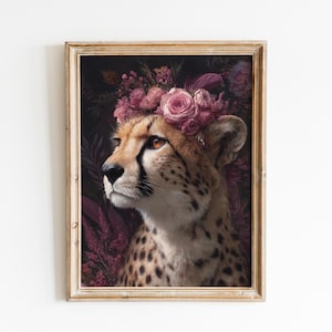 Light Pink and Cheetah Wall Prints, Trendy Art Decor, Girly Room Aesthetic, Printable Cheetah Art for Home, Cute Flower Crown Animal