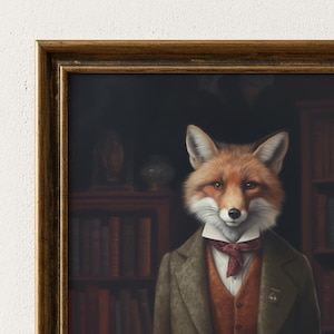 Close-up detail of aristocratic fox wall art showing refined Victorian attire and antique bookshelf background