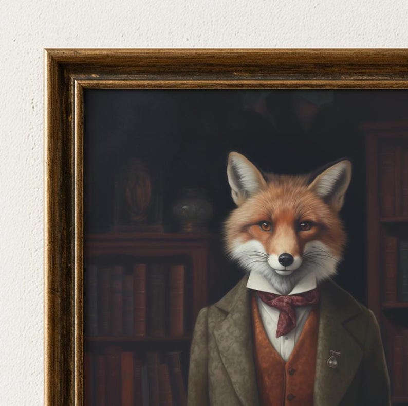 Close-up detail of aristocratic fox wall art showing refined Victorian attire and antique bookshelf background