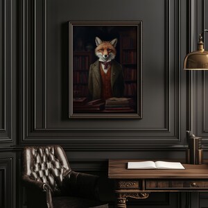 Elegant fox artwork in refined home office with leather chair and moody, dark academia style