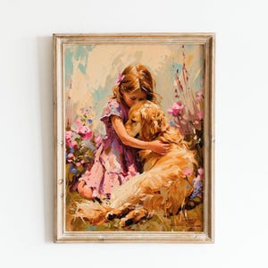 Art mural petite fille et Golden Retriever - Portrait d'animal de compagnie réconfortant, impression de chien émotionnel, téléchargement numérique pictural pour les amoureux des chiens