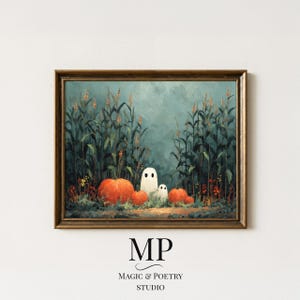 May include: A framed painting featuring a Halloween scene. Two white ghost figures stand among orange pumpkins and tall green stalks. The artwork has a gold frame and the text "MP MAGIC & POETRY STUDIO" at the bottom.