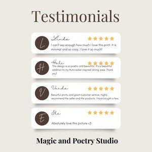 K&ouml;nnte beinhalten: Grafik mit dem Wort "Testimonials" oben und Kundenbewertungen darunter. Jede Bewertung befindet sich in einem wei&szlig;en, abgerundeten Rechteck mit einem braunen Kreis, der einen Buchstaben enth&auml;lt. Die Bewertungen enthalten Sternebewertungen und Text. Der untere Teil der Grafik lautet "Magic and Poetry Studio."