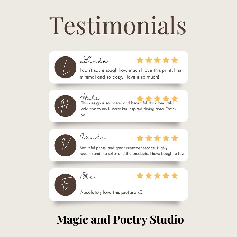 K&ouml;nnte beinhalten: Grafik mit dem Wort "Testimonials" oben und Kundenbewertungen darunter. Jede Bewertung befindet sich in einem wei&szlig;en, abgerundeten Rechteck mit einem braunen Kreis, der einen Buchstaben enth&auml;lt. Die Bewertungen enthalten Sternebewertungen und Text. Der untere Teil der Grafik lautet "Magic and Poetry Studio."