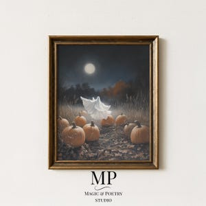 May include: Framed artwork featuring a ghostly figure floating above a field of pumpkins under a full moon. The painting has a vintage aesthetic with a dark, moody color palette. The text "MAGIC & POETRY STUDIO" is at the bottom.
