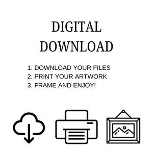 K&ouml;nnte beinhalten: Schwarz-wei&szlig;e Grafik mit den Worten "DIGITALER DOWNLOAD" und Anweisungen: Laden Sie Ihre Dateien herunter, drucken Sie Ihre Kunstwerke und rahmen Sie sie ein und genie&szlig;en Sie sie. Enth&auml;lt Cloud-, Drucker- und gerahmte Kunstwerk-Symbole.