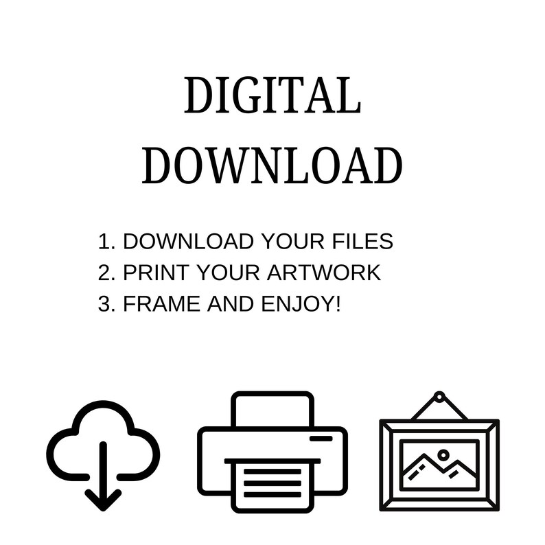 K&ouml;nnte beinhalten: Schwarz-wei&szlig;e Grafik mit den Worten "DIGITALER DOWNLOAD" und Anweisungen: Laden Sie Ihre Dateien herunter, drucken Sie Ihre Kunstwerke und rahmen Sie sie ein und genie&szlig;en Sie sie. Enth&auml;lt Cloud-, Drucker- und gerahmte Kunstwerk-Symbole.