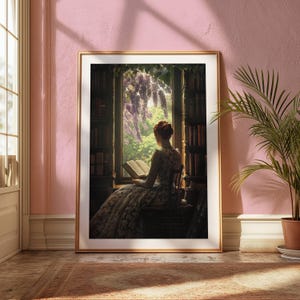 May include: A woman in a floral dress sits by a window reading a book. The window is framed by a bookshelf and a view of a lush green garden with purple wisteria flowers.