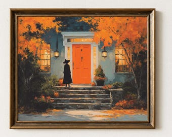 Halloween Wall Art, Witch at the Door, Cozy Autumn Witch Art, Vintage Fall Painting (Digital Download) 480