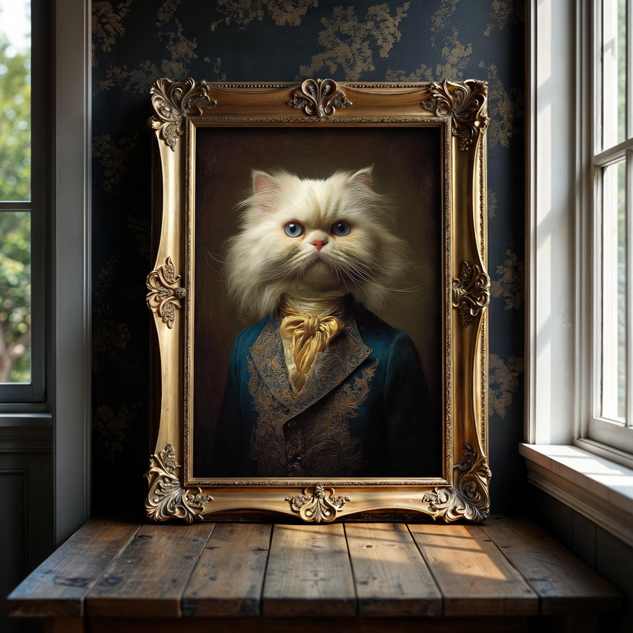 ビクトリア朝の猫の肖像画：青い毛皮のペルシャ猫、ダークアカデミア