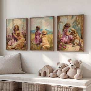 Lot de 3 oeuvres d&#39;art murales petite fille et Golden Retriever - Impressions picturales de chien et d&#39;enfant - Décoration de chambre de chien - Téléchargement numérique