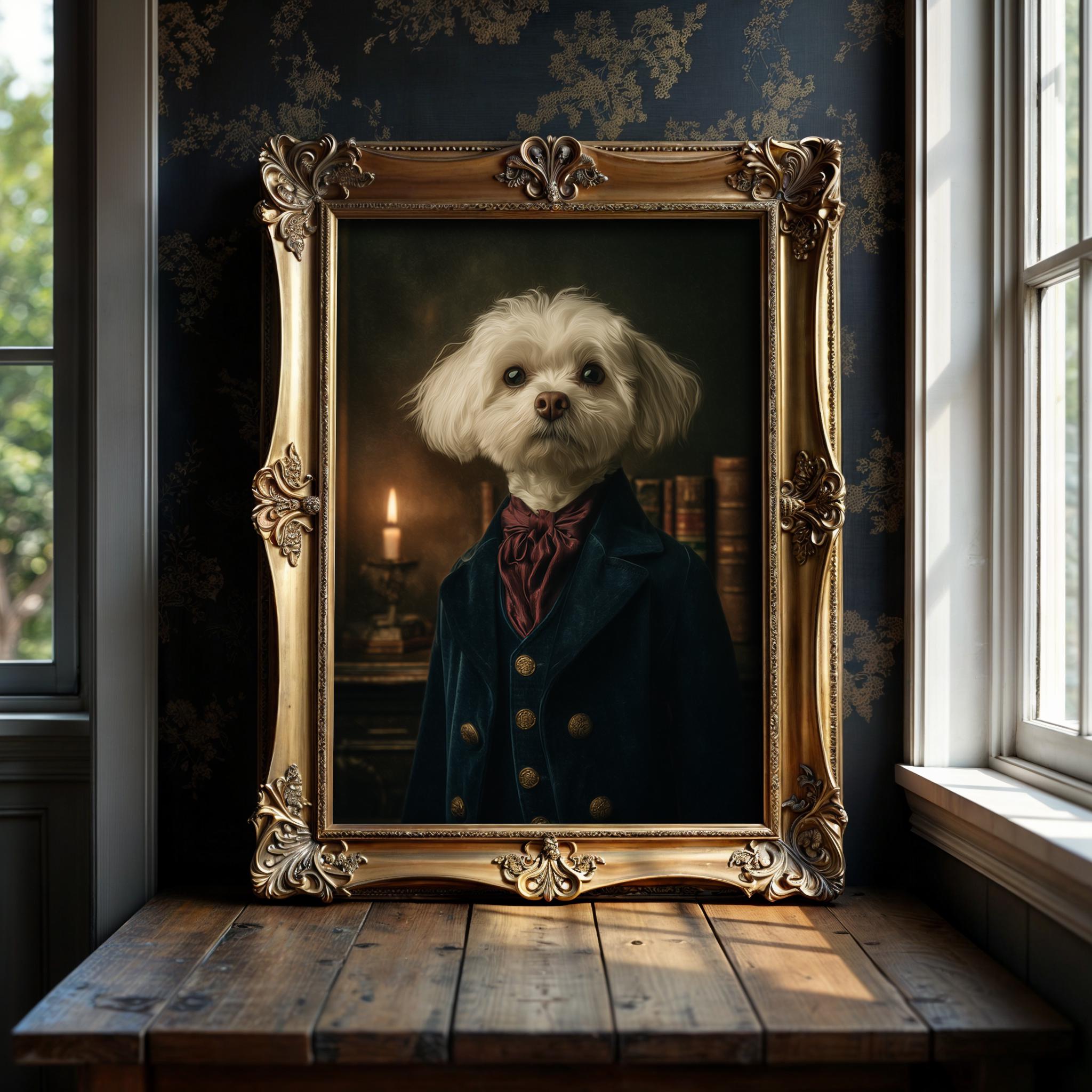 Victorian Maltese Dog Portrait – Dark Academia Dog Wall Art