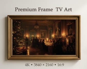 May include: A rectangular gold-toned frame containing digital TV art depicting a dimly lit, formal Victorian-era dinner party scene with a Christmas tree, candles, and guests. The text "Premium Frame TV Art" and "4K 3840 x 2160 16:9" is visible.