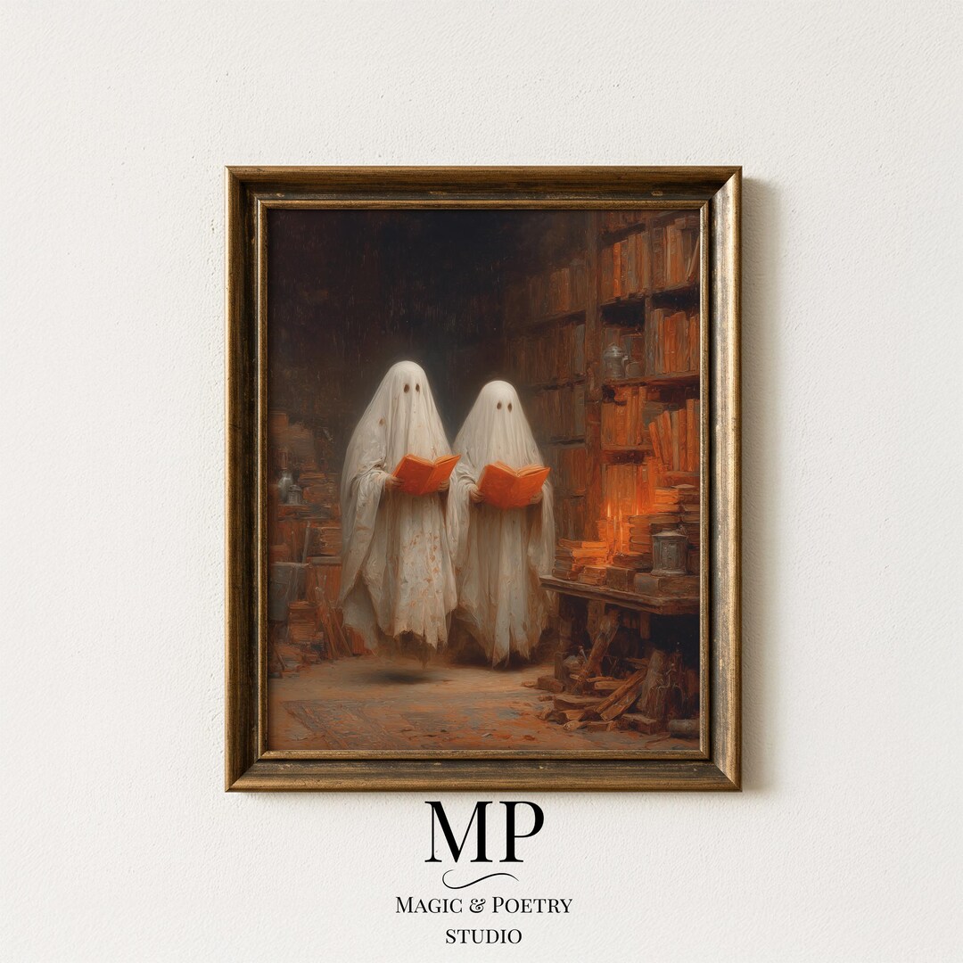 Two Reading Ghosts in a Library – Rustic Halloween Wall Art - Moody ...