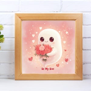 Fantasma &quot;Sé mi Boo&quot; con rosas – Arte de pared romántico cuadrado – Decoración de Halloween encantadora