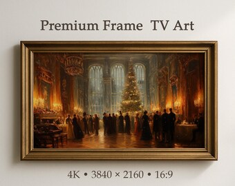 May include: A rectangular wall art piece in a metallic gold frame featuring a digital painting of a grand ballroom with a large Christmas tree, chandeliers, and people in formal attire. Text above reads Premium Frame TV Art.