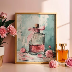 Pink Floral and Bow Wall Art Oil Painting – Perfume Bottle Printable – Feminine Rose Decor – Romantic Vintage Artwork
