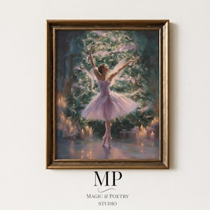 May include: A framed painting of a ballerina in a pink tutu, arms raised, before a Christmas tree. The artwork has a warm colour palette with soft lighting and a gold frame. The text "MP MAGIC & POETRY STUDIO" is at the bottom.