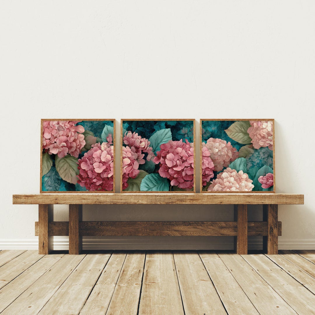 Dorm Wall Art Pink Set of 3 Hydrangeas – Square Floral Prints – Blush ...