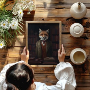 Overhead lifestyle mockup showing hands holding framed fox artwork above rustic wooden table with coffee and flowers