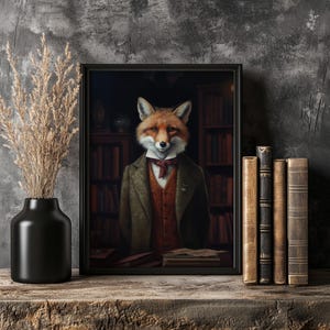 Dark academia fox wall art displayed on rustic wooden shelf with vintage books and black ceramic vase