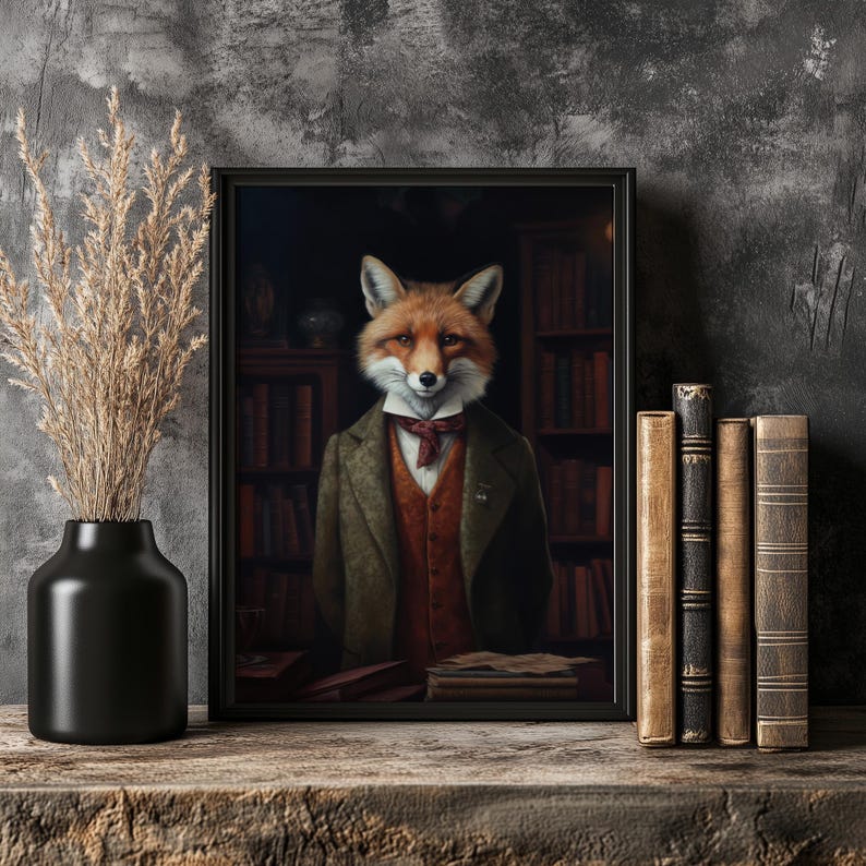 Dark academia fox wall art displayed on rustic wooden shelf with vintage books and black ceramic vase