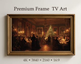 May include: A rectangular gold-toned frame containing a digital print of a formal holiday dinner party in a grand room with a lit Christmas tree. The text above reads Premium Frame TV Art and below reads 4K 3840 x 2160 16:9.