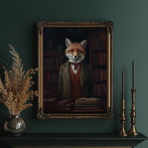 Aristocratic fox wall art displayed on deep green wall beside antique candle holders and dried botanical decor