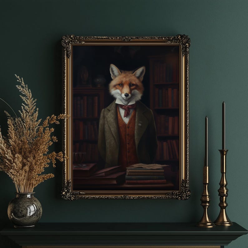 Aristocratic fox wall art displayed on deep green wall beside antique candle holders and dried botanical decor