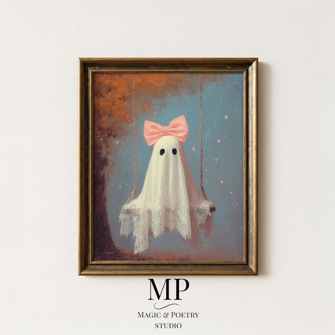 Cute Ghost With Bow Painting - Printable Halloween Wall Art, Charming ...