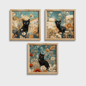 Black Cat Art Set of 3 – Whimsical Floral Cat Prints – Poppy Field Wall Decor – Cozy Boho Cat Lover Gift – Square Digital Download