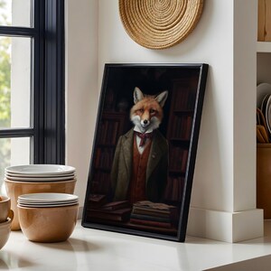 Framed Victorian fox portrait leaning beside window with coffee cups in cozy old money inspired reading corner