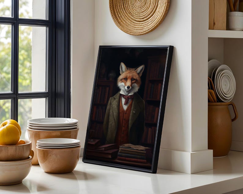 Framed Victorian fox portrait leaning beside window with coffee cups in cozy old money inspired reading corner
