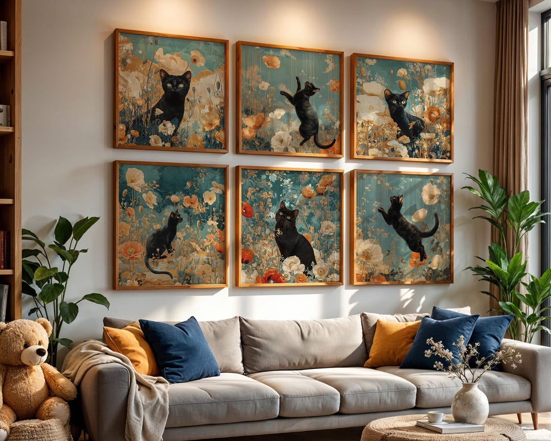 Black Cat and Poppies – Wall Art Set of 6 – Square Cat Prints ...