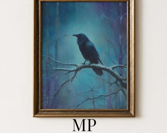 Moody Raven Wall Art Print – Dark Winter Bird Painting – Mystical Woodland Decor – Gothic Nature Art – Digital Download 1165