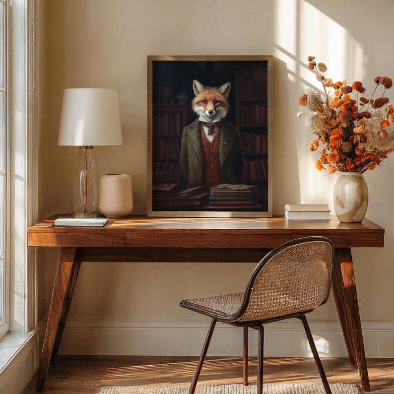 Victorian fox portrait above wooden writing desk in warm reading nook with lamp and autumn-inspired decor