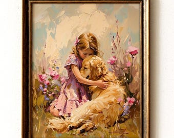 Golden-Retriever-Kunst – Mädchen umarmt Hund – Geschenk für Golden-Retriever-Fans – Wandbild für Hundeliebhaber – Kunstdruck mit Kind und Hund (Digitaler Download) 35