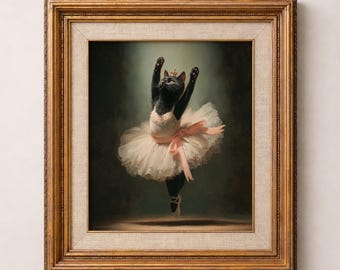 Black Cat Ballerina Wall Art, Funny Cat Painting, Whimsical Ballet Decor, Cat Lover Gift, Vintage Animal Portrait (Digital Download) 1152