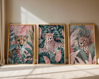 Gepard 3er Set – Romantische Botanische Dschungel Illustration – Abgestimmte Tiergalerie Wandbild (Digitaler Download)