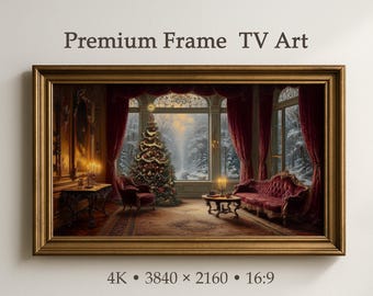 May include: A rectangular wall art piece in a gold frame displaying a digital painting of a room with a Christmas tree, red velvet furniture, and large windows overlooking a snowy forest. Text above reads Premium Frame TV Art and below 4K 3840 x 2160 16:9.