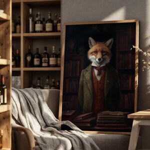 Fox wall art displayed in warm vintage-inspired room with bookshelves and soft atmospheric lighting