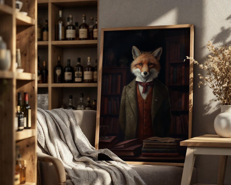Fox wall art displayed in warm vintage-inspired room with bookshelves and soft atmospheric lighting