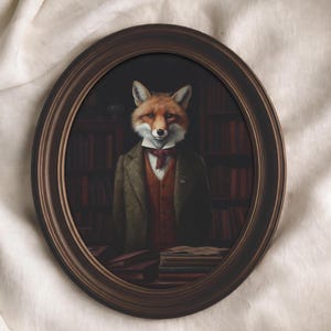 Oval-framed fox portrait displayed on textured fabric background with warm vintage library atmosphere and old-world styling