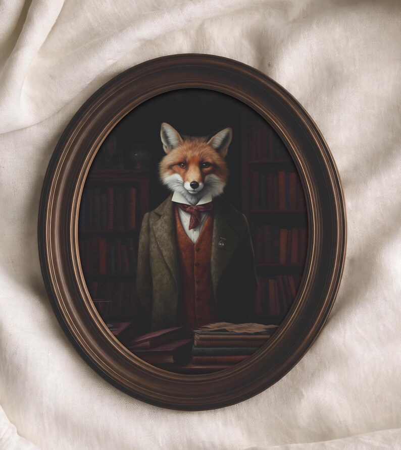 Oval-framed fox portrait displayed on textured fabric background with warm vintage library atmosphere and old-world styling
