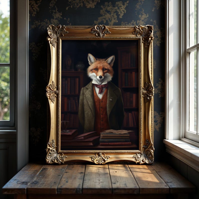 Large ornate framed fox portrait displayed beside tall window in moody old money interior with dramatic natural light