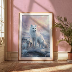 Graceful Arctic Fox with Pups in Arctic Landscape, wildlife print, animal print, dopamine decor, colorful wall art, animal portrait