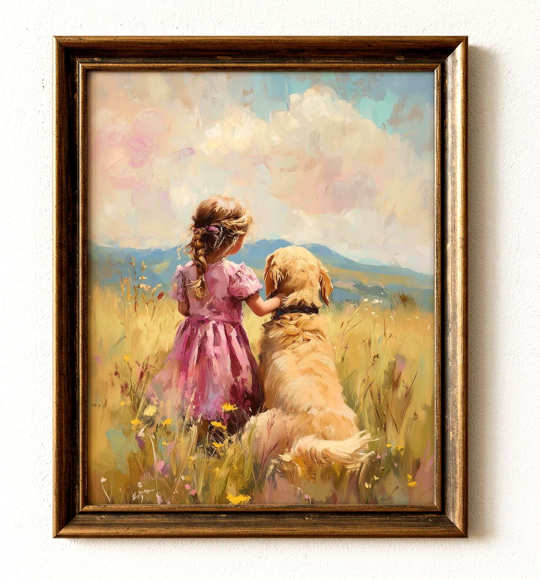 ゴールデンレトリバーのアート – 犬の絵画 – 女の子と犬のアート