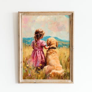 Arte mural de niña y golden retriever: imprimible romántico, ilustración pictórica de animales, decoración caprichosa, póster de perro y niño