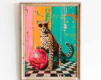 Pink Disco Ball Leopard Wall Art – Dopamine Decor Print – Bold Jungle Animal Poster – Pop Art Aesthetic – Digital Download