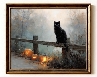 May include: A framed oil painting depicting a black cat perched on a wooden fence in a misty, autumnal forest setting. Below the fence, three glowing jack-o'-lanterns and a lit lantern sit on the ground, casting a warm light in the foggy scene.